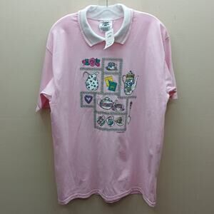 VTG Gopher Sport Short Sleeve Tea Time Print Shirt Top Pink Large NWT Cottage